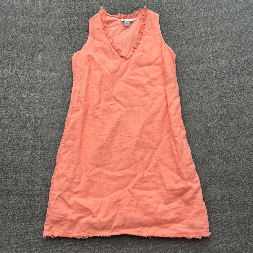 Tommy Bahama Coral Linen Shift Dress Frayed Hem Sleeveless Size XS Pockets